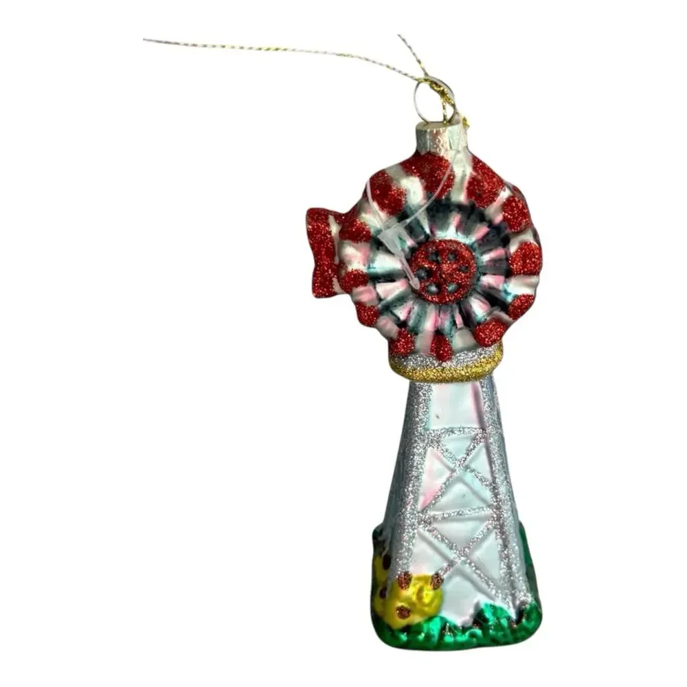 Farm Windmill Rustic Midwest‎ Glass Christmas Ornament Red Green White EUC